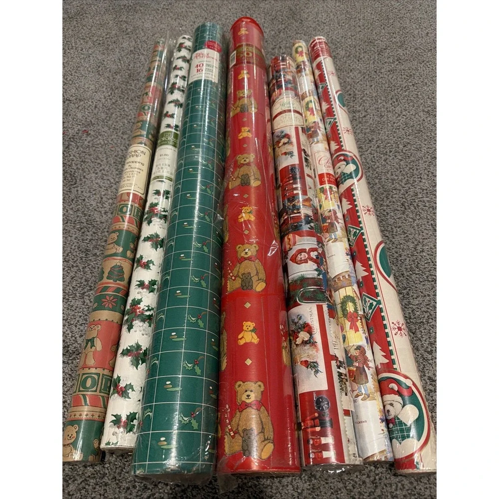 Vtg Christmas Wrapping Paper Rolls Lot 7 New Sealed Cleo, Norcross, Gibson, Hugg